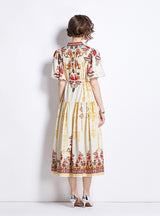 Retro Stand-up Collar Lantern Sleeve Printed Dress