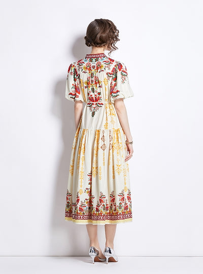 Retro Stand-up Collar Lantern Sleeve Printed Dress