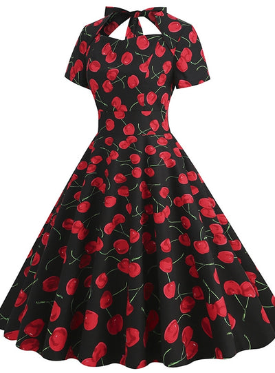 Retro Printed Short-sleeved Hepburn Floral Dress