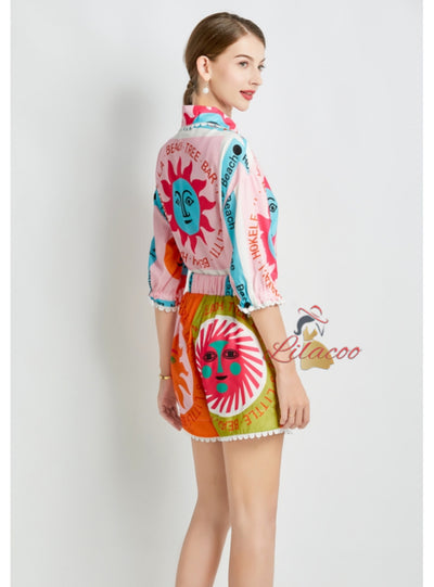 Sun Printed Loose Short-sleeved Shirt and Shorts Suit