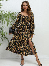 Printed Long-sleeved Split Dress