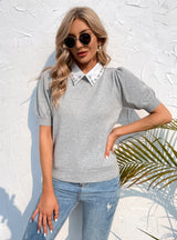 Pullover Short Sleeve Solid Color Lapel Sweater