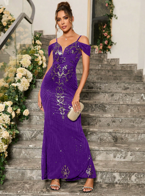 Purple Mermaid Sequins Straps Party Dress