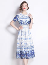 Slim and Hollow Lace Print Medium Length Dress