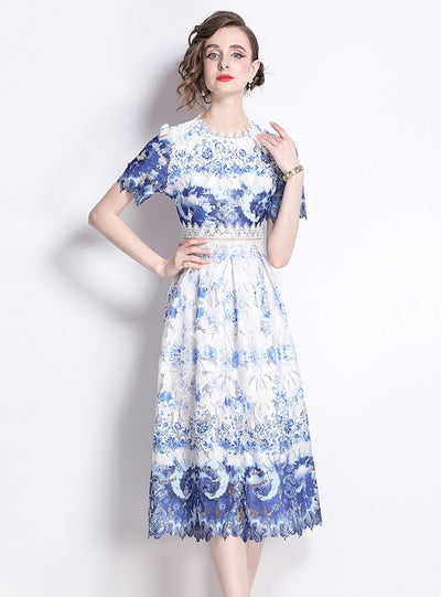 Slim and Hollow Lace Print Medium Length Dress