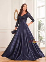 Navy Blue Sequins V-neck Prom Dress