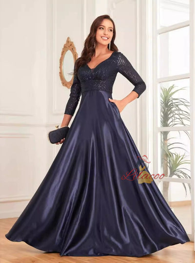 Navy Blue Sequins V-neck Prom Dress