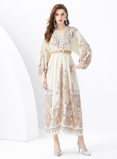 Palace V-neck Lantern Sleeve Printed Long Dress