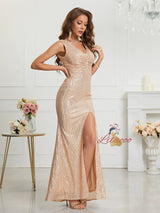 Champagne Sequins V-neck Prom Dress