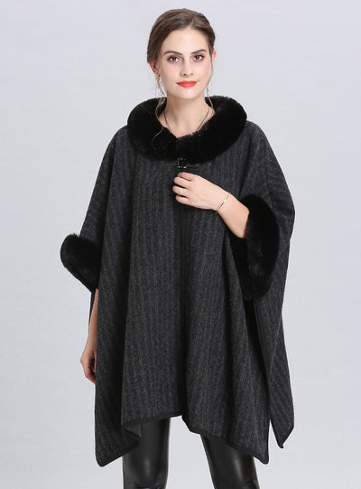 Wool Collar Striped Knit Cloak Shawl