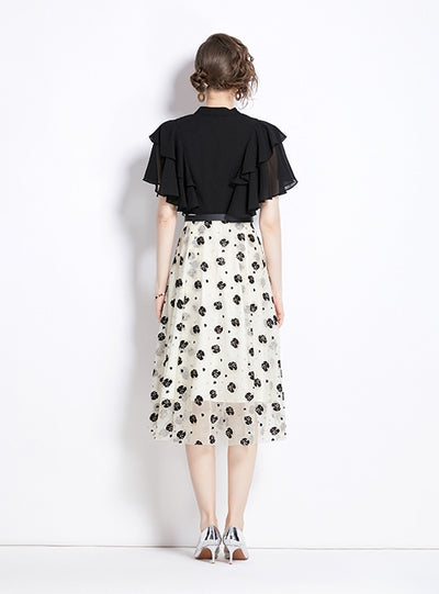 Retro Black Mosaic Floral Short Sleeve Dress