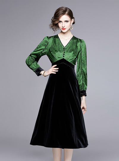 Retro Long-sleeved Printed V-neck Beaded Velvet Dress