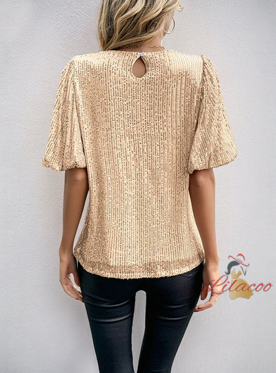 Trumpet Sleeve Round Neck Sequined T-shirt