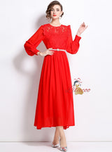 Lace Stitching Chiffon Long Sleeve Dress