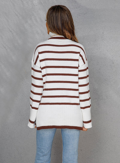 Round Neck Cotton Striped Split Sweater