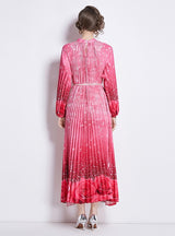 Printed Lantern Sleeve Pleated Belt Dress