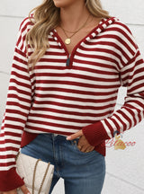 V-neck Striped Pullover Christmas Hooded Sweater