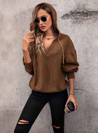 V-neck Loose Drawstring Hooded Pullover Top