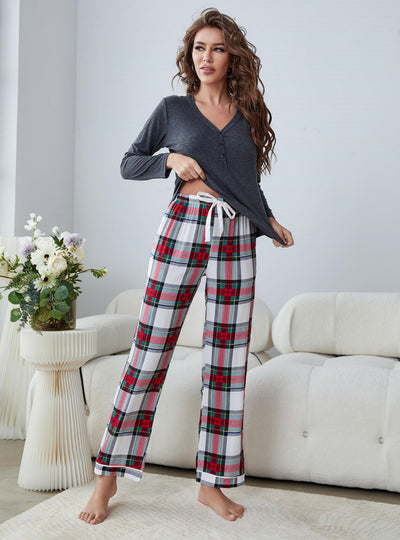 Long Sleeve Plaid Pajamas Suit