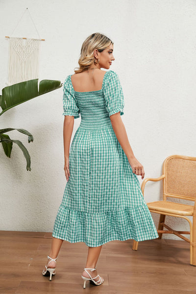 Pleated Short Sleeve Square Neck Plaid Dress