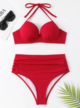 Solid Color High Waist Steel Plate Gathered Swimsuit