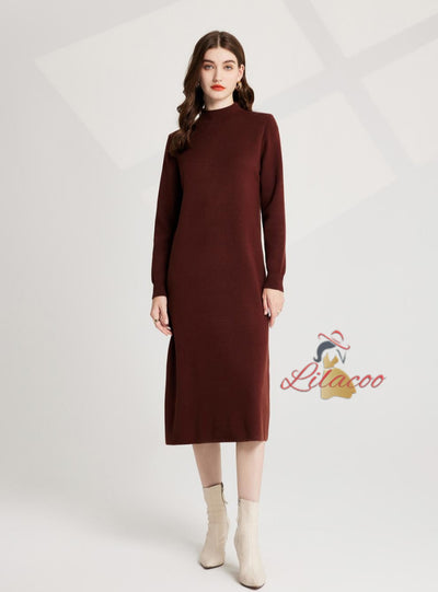 Semi-high Neck Knitted Vest+Long Sleeve Dress Two-piece Suit