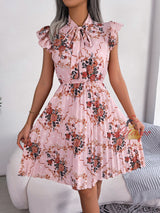 Women Print Flower Lace-up Pleated Dress