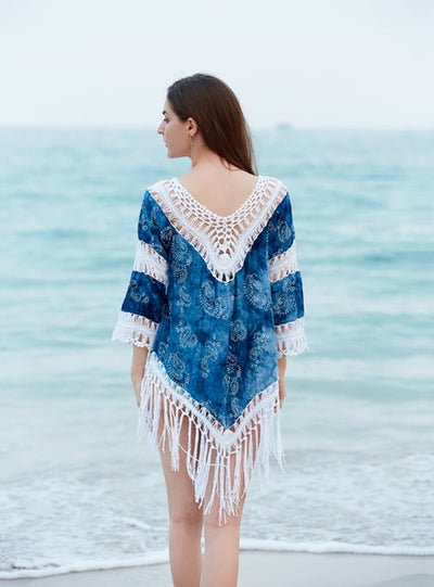 Printed Hook Tassel Bikini Cover Up