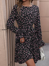 Printed Round Neck Long Sleeve Dress