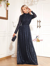 Navy Blue Sequins Long Sleeve Prom Dress