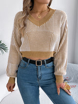 Casual Striped Lantern Sleeve Short Sweater