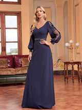 Navy Blue Long Sleeve Beading Prom Dress