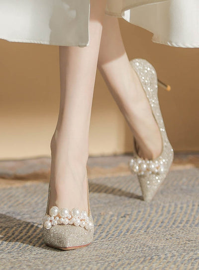 Sequined Stilettos and Pearl High Heels Wedding Shoes