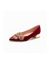 Short Heel Pointed Rhinestone Suede Red Wedding Shoes