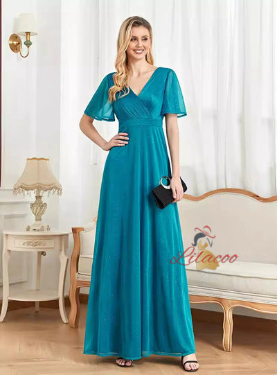 Short-sleeved V-neck Pleats Evening Dress