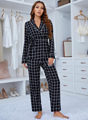 Plaid Long Sleeve Deep V-neck Two-piece Suit