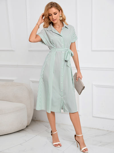 Lapel V-neck Striped Dress with Belt