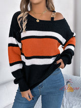 Casual Contrast Striped Metal Button Sweater