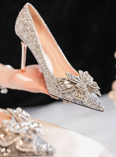 Rhinestone Bow Sequined Wedding Shoes