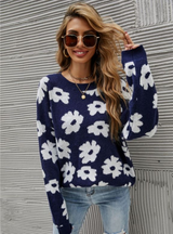 Printed Round Neck Blue Sweater