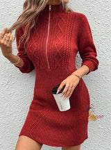 Stand-neck Zipper Semi-open Sweater Dress