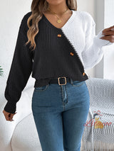 Casual V-neck Button Contrast Sweater