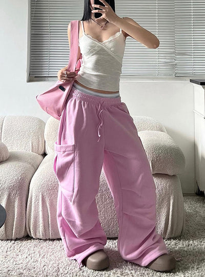 Pink Pocket Drawstring High Waist Pant