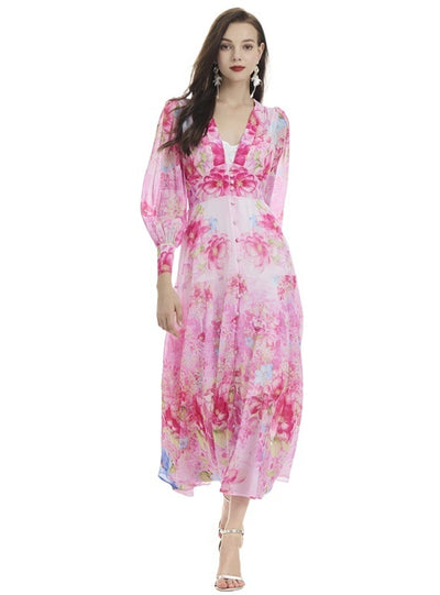 Printed Chiffon Seaside Silm Waist Ruffled Dress