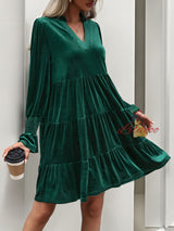 Long-sleeved V-neck Solid Color Velvet Dress