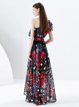 One Shoulder Chiffon Print Dress