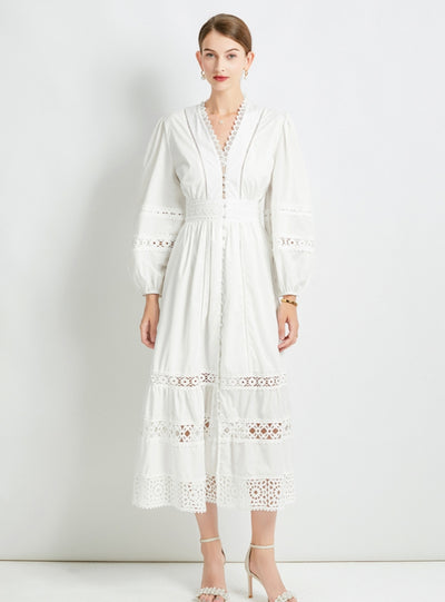 V-neck Stitching Lace Long Sleeve Dress