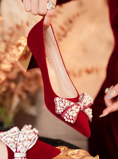 Red Thick Heel Bow Wedding Shoes