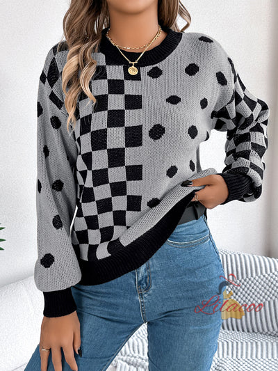 Leisure Contrast Polka Dot Lantern Sleeve Sweater