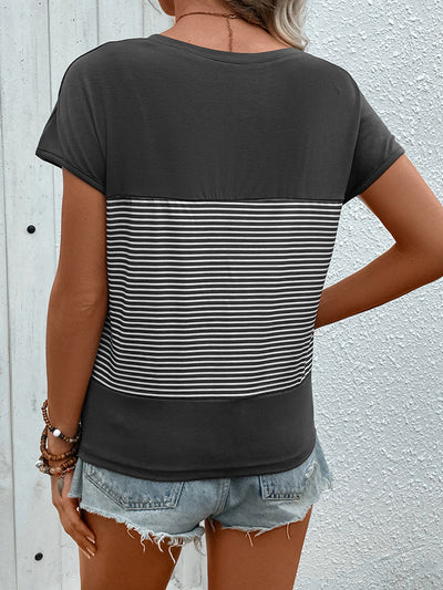 V-neck Striped Stitching Top T-Shirt